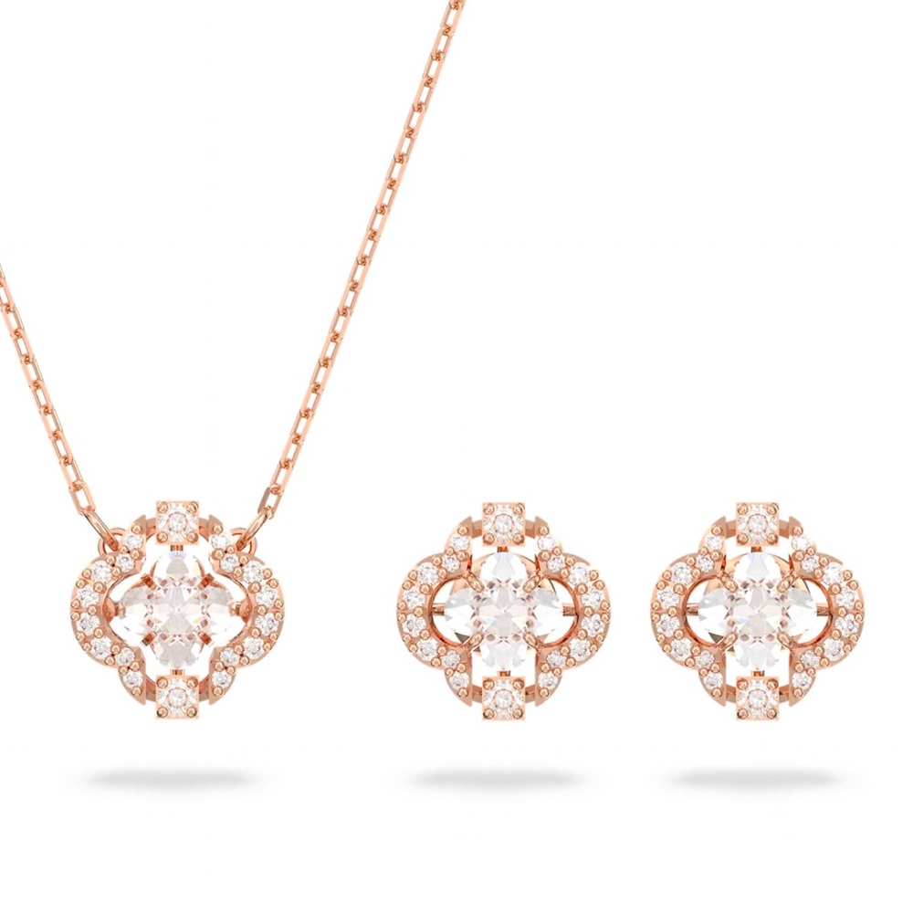 Swarovski Sparkling Dance Necklace and Earring Set Rose Gold Pink Clover Crystal